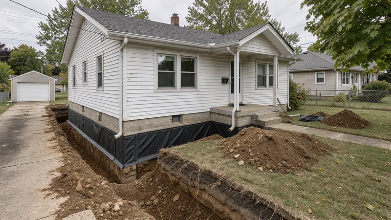 Exterior foundation excavation and waterproofing membrane on an older Barberton, OH home