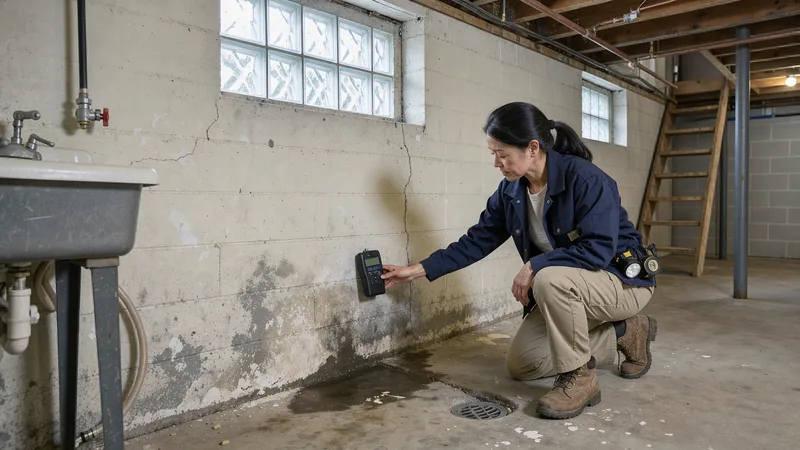 Basement waterproofing inspection in a Fairlawn, OH home