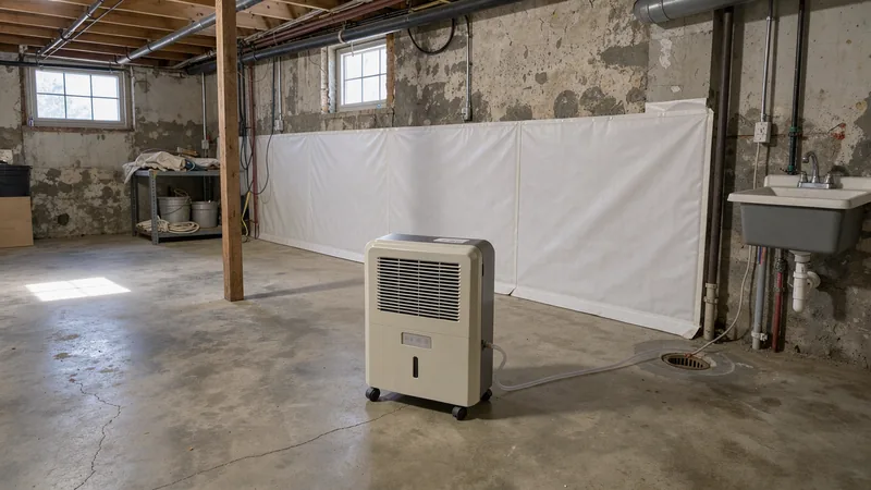 Basement dehumidifier and vapor barrier in an older rental house in Kent, OH