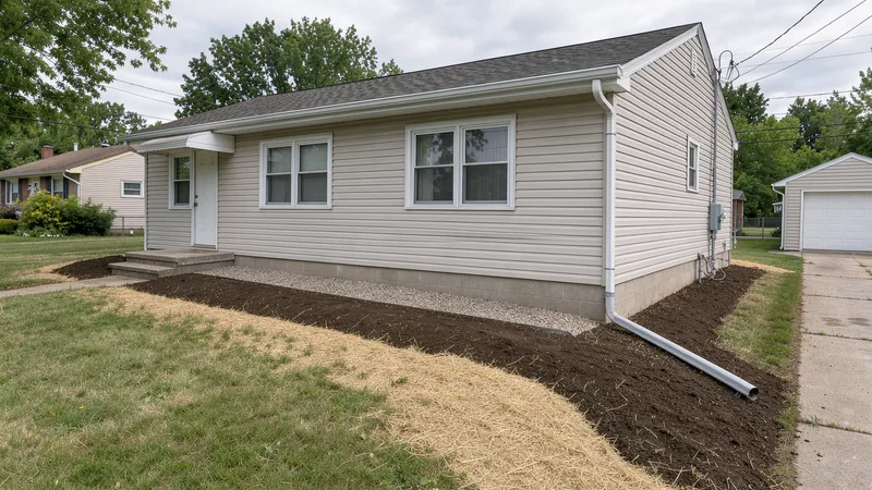 Downspout extension and regraded yard beside a home in Norton, OH