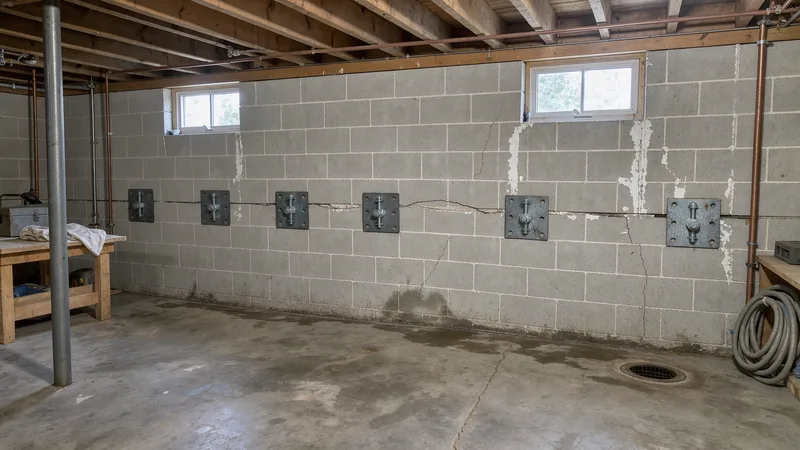 Wall anchors installed on a bowing basement wall in Tallmadge, OH