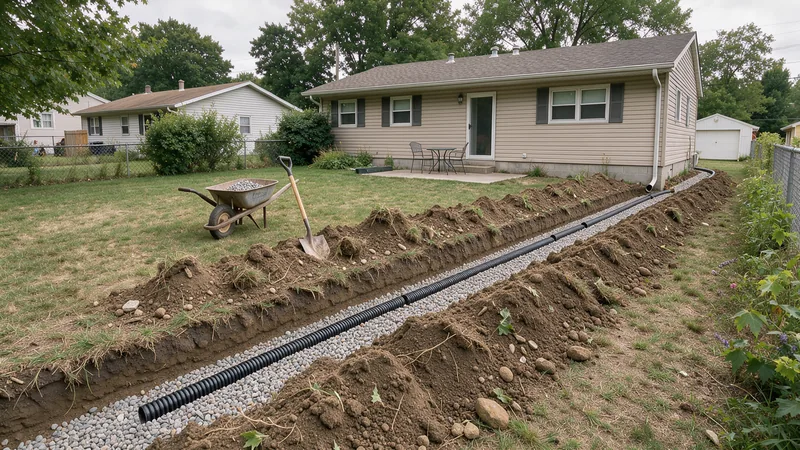 French drain installation along a yard in Wadsworth, OH